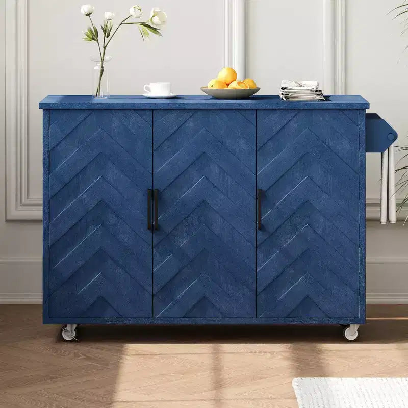 Solid Wood Handwoven Kitchen Island with Drop Leaf, Coastal Kitchen Island on Wheels with Storage Rack, Rolling Kitchen Cart with Ash Veneer, Navy