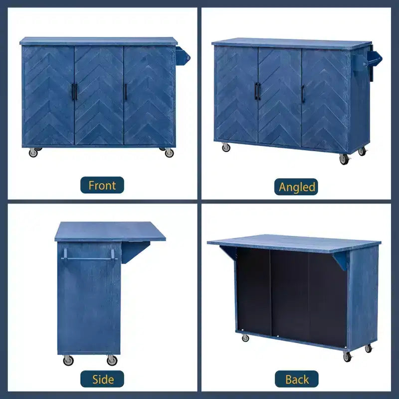Isola da cucina in stile rustico blu navy con anta a ribalta, carrello a 3 ante su ruote