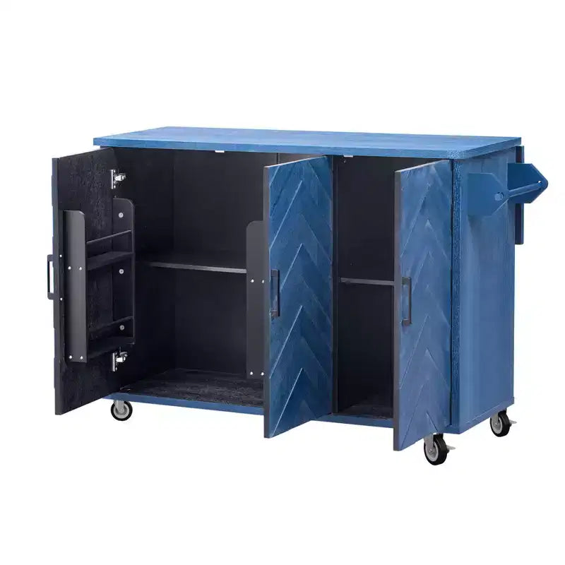 Isola da cucina in stile rustico blu navy con anta a ribalta, carrello a 3 ante su ruote