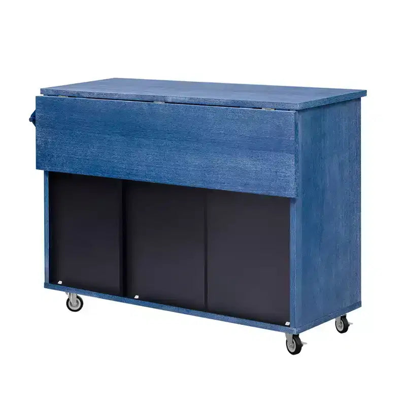 Isola da cucina in stile rustico blu navy con anta a ribalta, carrello a 3 ante su ruote