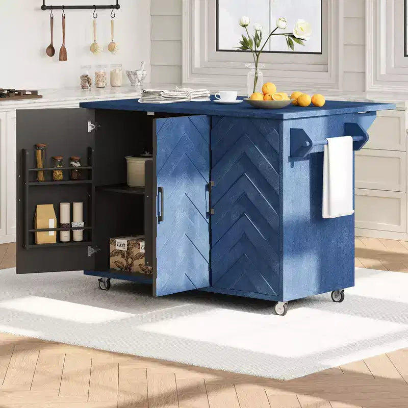 Isola da cucina in stile rustico blu navy con anta a ribalta, carrello a 3 ante su ruote