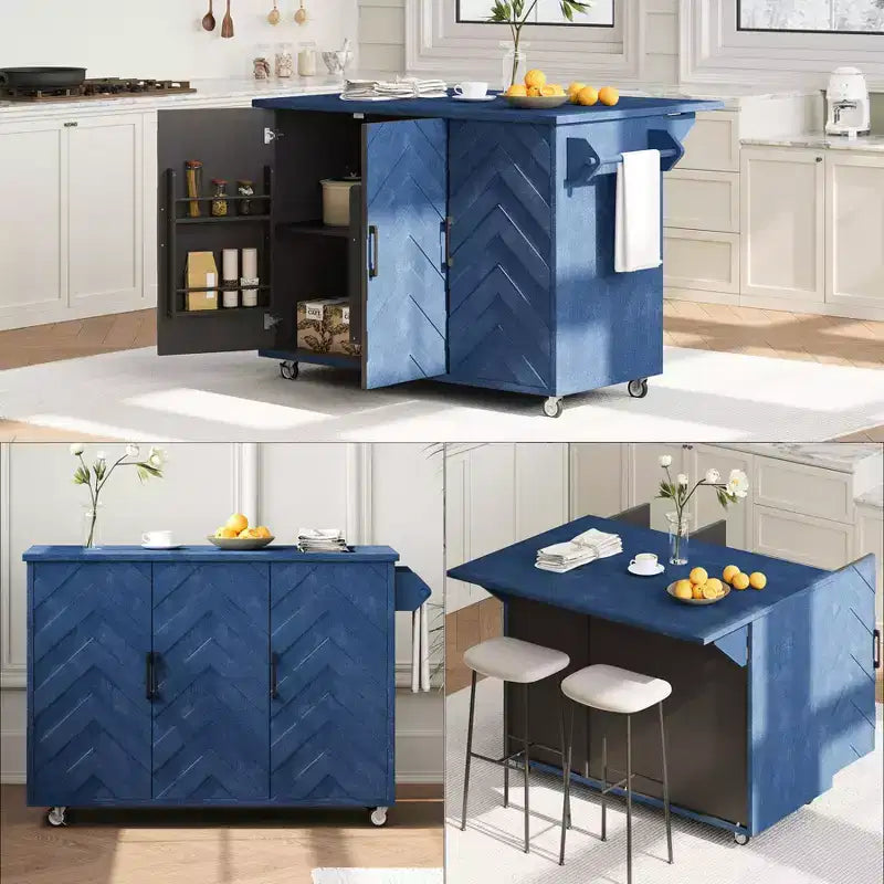 Isola da cucina in stile rustico blu navy con anta a ribalta, carrello a 3 ante su ruote