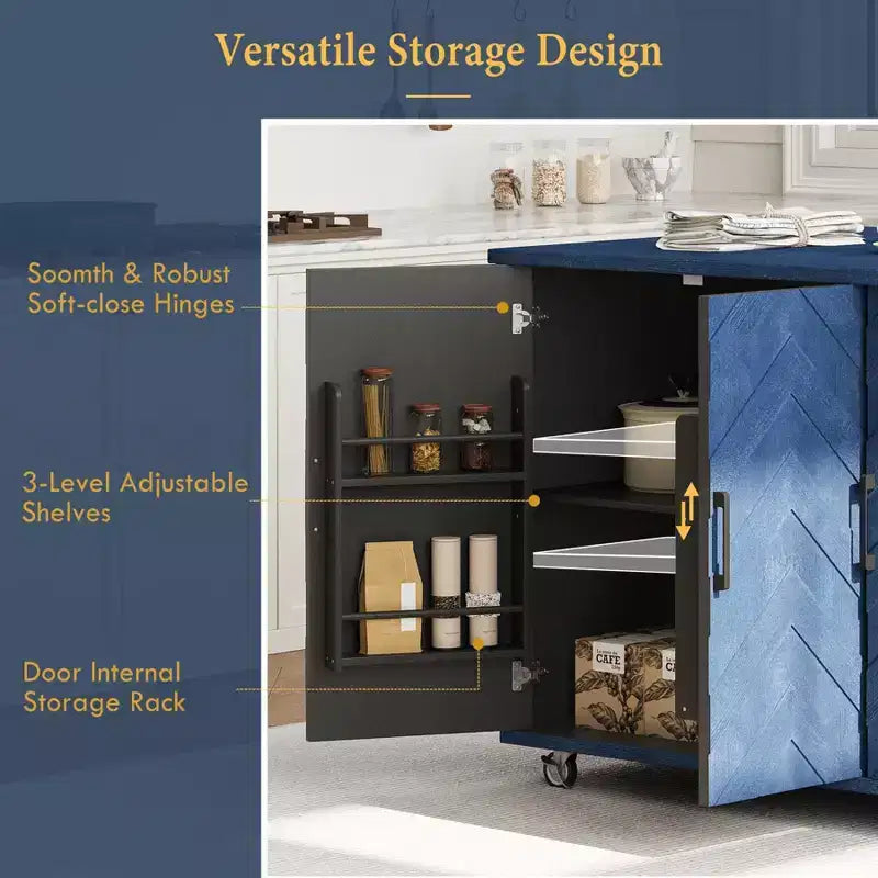 Isola da cucina in stile rustico blu navy con anta a ribalta, carrello a 3 ante su ruote