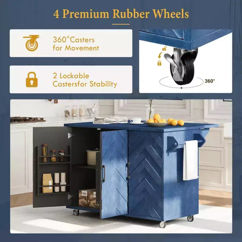 Isola da cucina in stile rustico blu navy con anta a ribalta, carrello a 3 ante su ruote