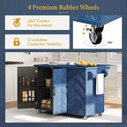 Isola da cucina in stile rustico blu navy con anta a ribalta, carrello a 3 ante su ruote