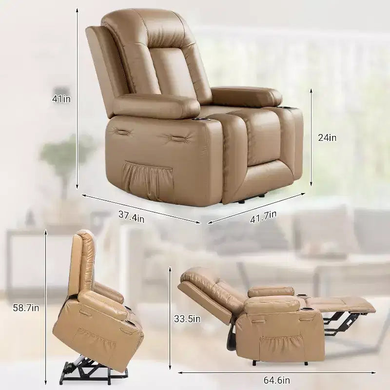 Poltrona reclinabile elettrica alzapersona monoposto in similpelle beige/marrone/caffè/grigio/cuoio.