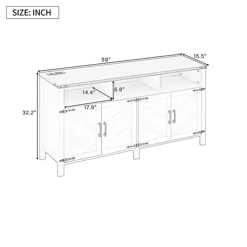 Credenza moderna a 4 ante con 3 ripiani e prese di corrente – Legno naturale / Blu marino / Bianco+Nero