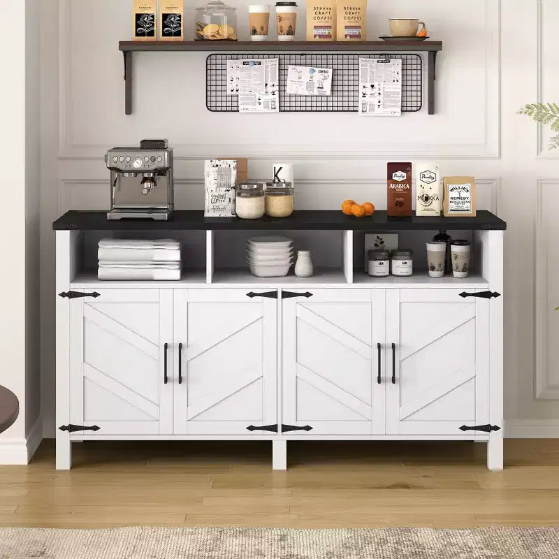 Credenza moderna a 4 ante con 3 ripiani e prese di corrente – Legno naturale / Blu marino / Bianco+Nero