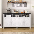 Credenza moderna a 4 ante con 3 ripiani e prese di corrente – Legno naturale / Blu marino / Bianco+Nero