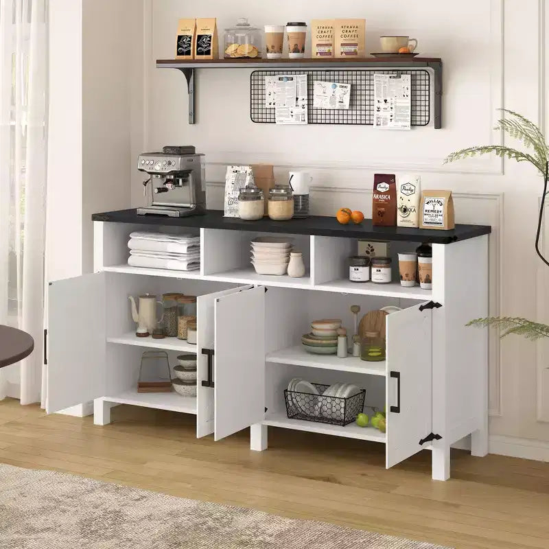 Credenza moderna a 4 ante con 3 ripiani e prese di corrente – Legno naturale / Blu marino / Bianco+Nero