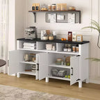 Credenza moderna a 4 ante con 3 ripiani e prese di corrente – Legno naturale / Blu marino / Bianco+Nero