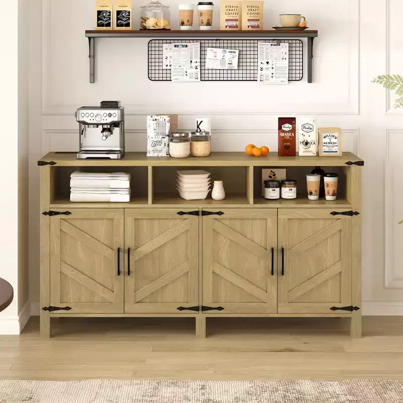 Credenza moderna a 4 ante con 3 ripiani e prese di corrente – Legno naturale / Blu marino / Bianco+Nero