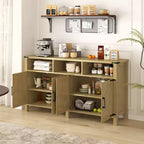 Credenza moderna a 4 ante con 3 ripiani e prese di corrente – Legno naturale / Blu marino / Bianco+Nero