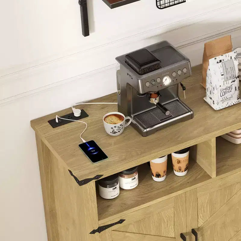 Credenza moderna a 4 ante con 3 ripiani e prese di corrente – Legno naturale / Blu marino / Bianco+Nero