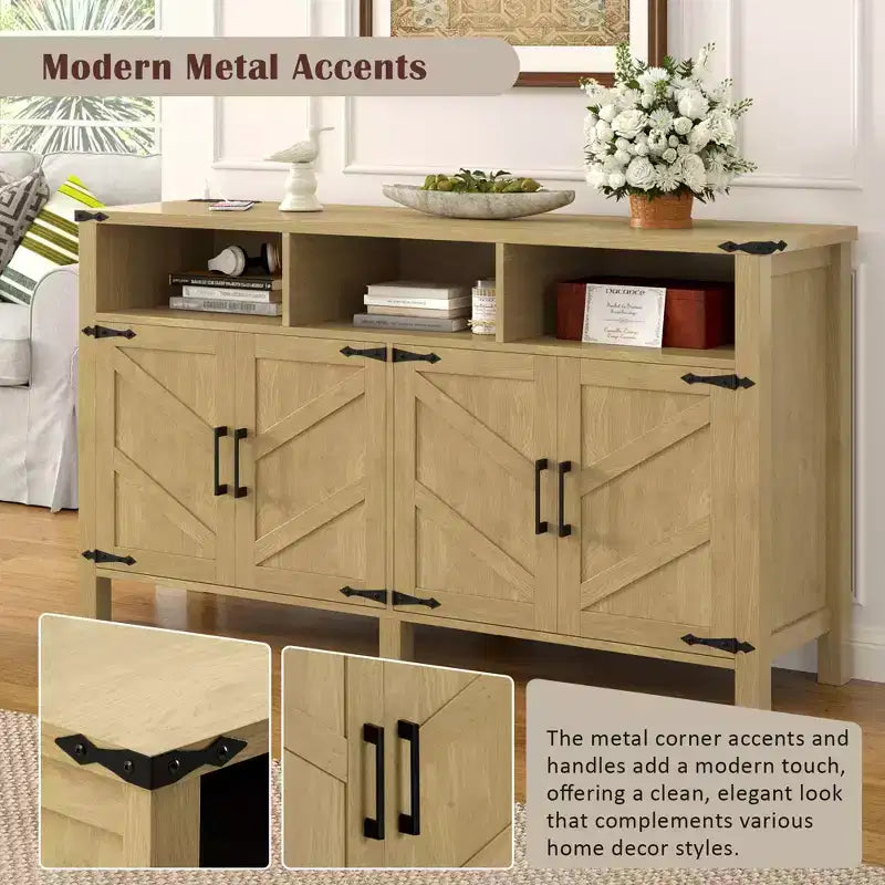 Credenza moderna a 4 ante con 3 ripiani e prese di corrente – Legno naturale / Blu marino / Bianco+Nero