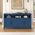 Credenza moderna a 4 ante con 3 ripiani e prese di corrente – Legno naturale / Blu marino / Bianco+Nero