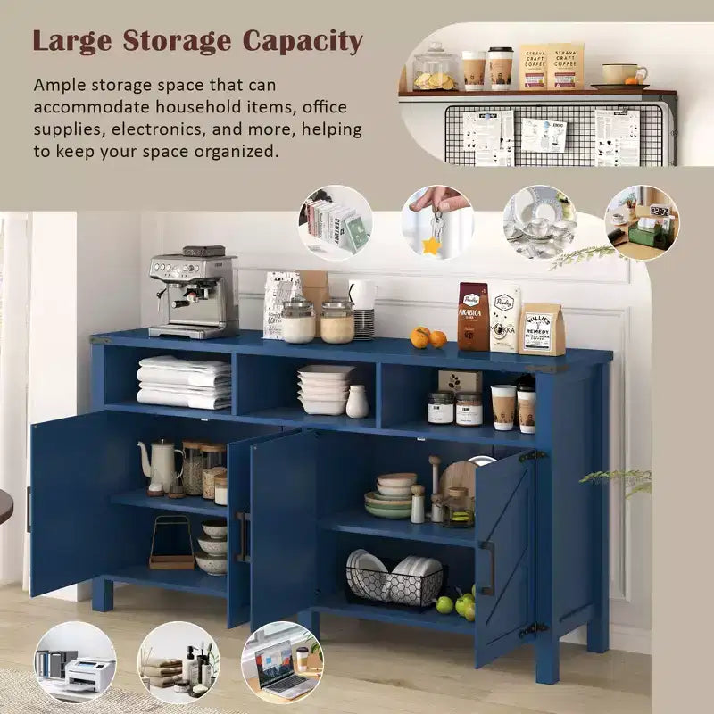 Credenza moderna a 4 ante con 3 ripiani e prese di corrente – Legno naturale / Blu marino / Bianco+Nero