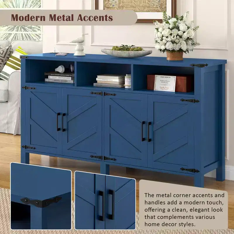 Credenza moderna a 4 ante con 3 ripiani e prese di corrente – Legno naturale / Blu marino / Bianco+Nero