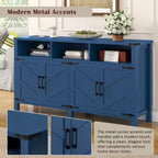 Credenza moderna a 4 ante con 3 ripiani e prese di corrente – Legno naturale / Blu marino / Bianco+Nero