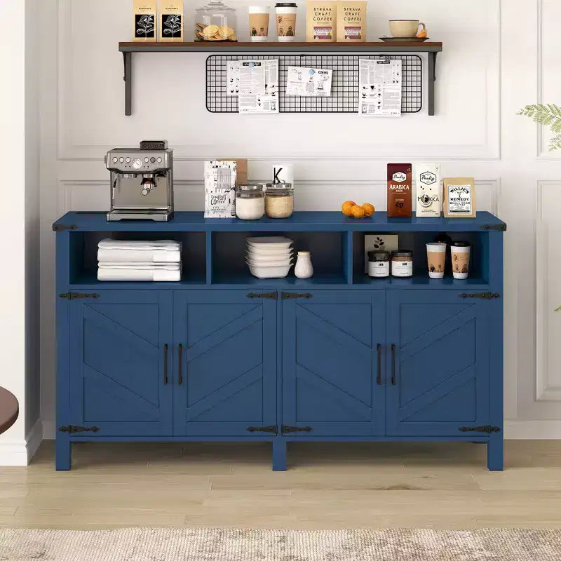 Credenza moderna a 4 ante con 3 ripiani e prese di corrente – Legno naturale / Blu marino / Bianco+Nero
