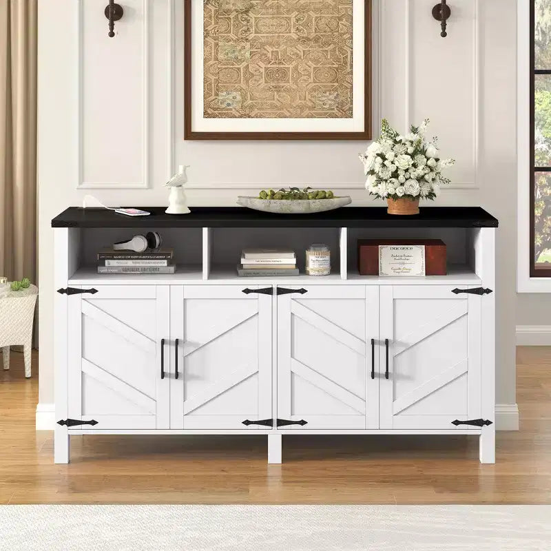 Credenza moderna a 4 ante con 3 ripiani e prese di corrente – Legno naturale / Blu marino / Bianco+Nero