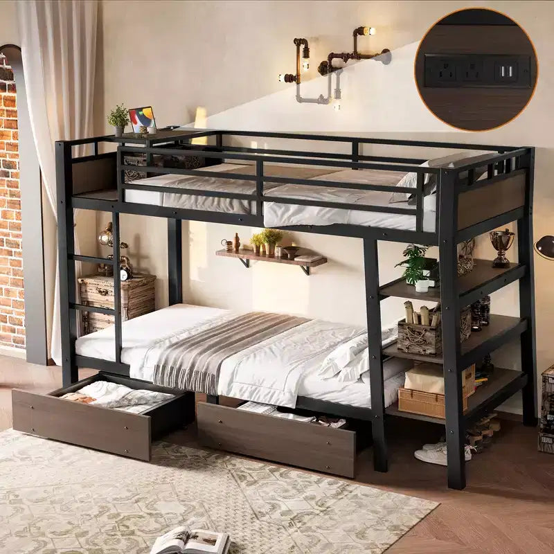 Bellemave Metal Bunk Bed Frame with Outlet LED Light Storage Drawer Safety Guardrail, Space-Saving Bunk Bed, Black & Brown