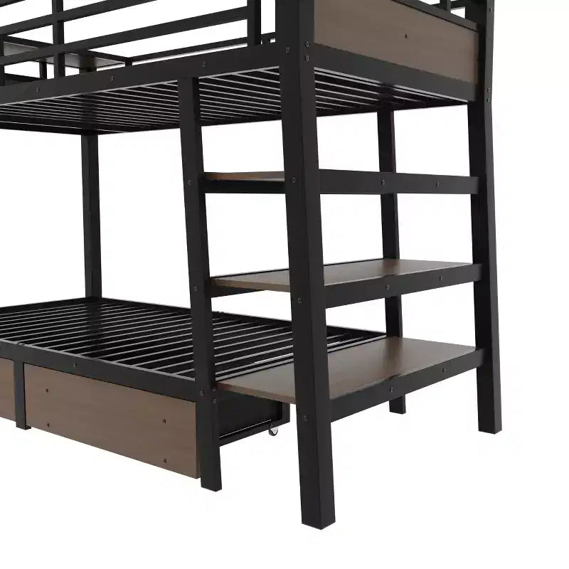 Letto a Castello in Metallo Nero e Marrone con Luce LED, Presa Elettrica e Cassetto Contenitore – 2 Posti