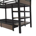 Letto a Castello in Metallo Nero e Marrone con Luce LED, Presa Elettrica e Cassetto Contenitore – 2 Posti
