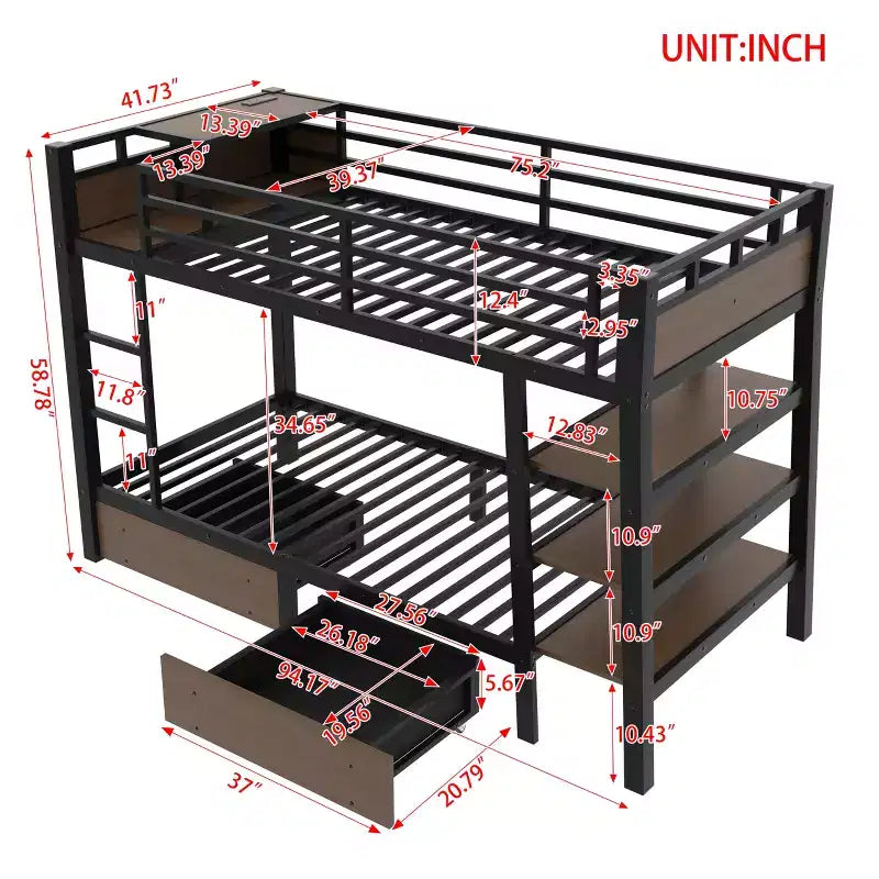 Letto a Castello in Metallo Nero e Marrone con Luce LED, Presa Elettrica e Cassetto Contenitore – 2 Posti