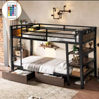 Letto a Castello in Metallo Nero e Marrone con Luce LED, Presa Elettrica e Cassetto Contenitore – 2 Posti