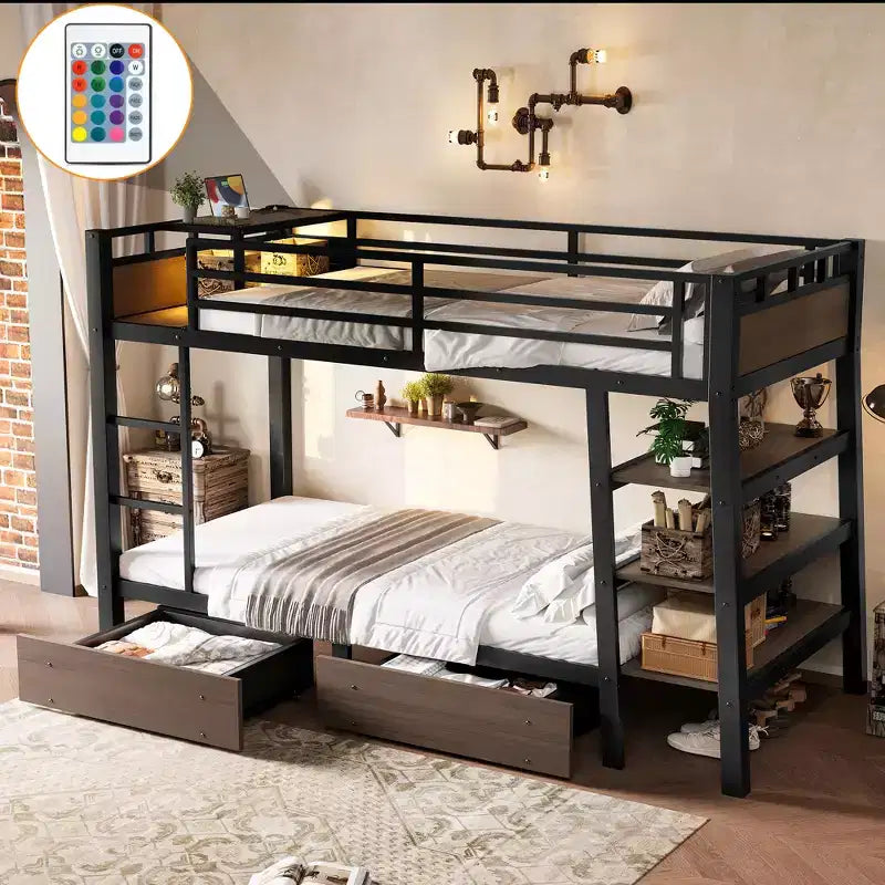 Letto a Castello in Metallo Nero e Marrone con Luce LED, Presa Elettrica e Cassetto Contenitore – 2 Posti