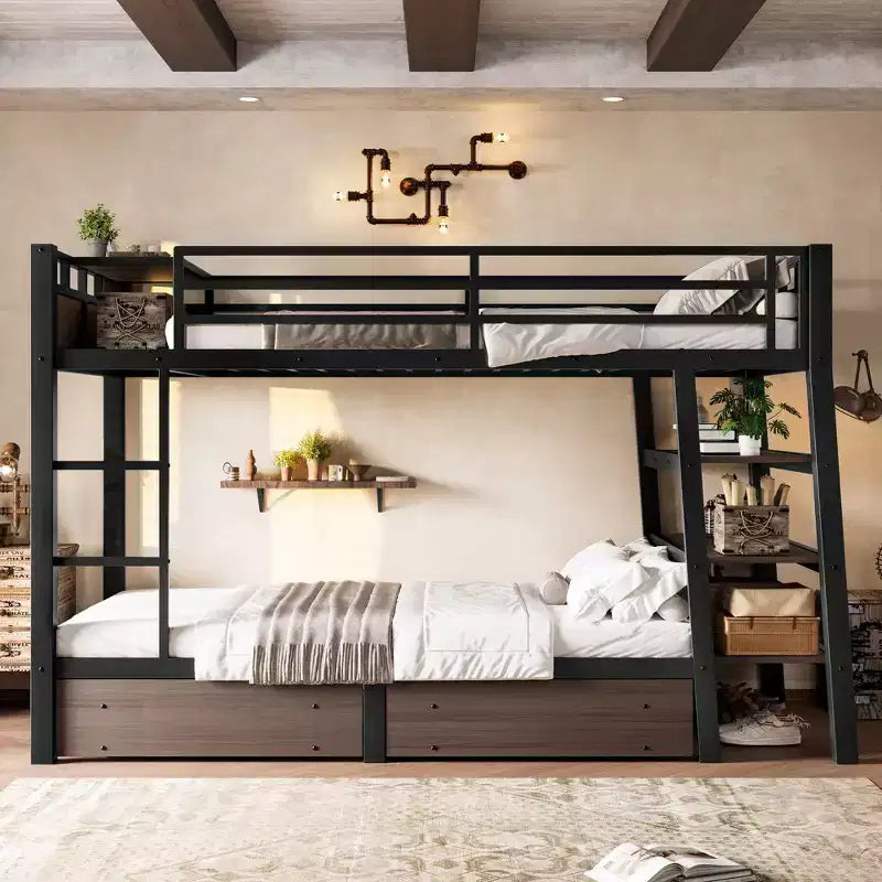 Letto a Castello in Metallo Nero e Marrone con Luce LED, Presa Elettrica e Cassetto Contenitore – 2 Posti