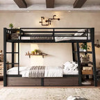 Letto a Castello in Metallo Nero e Marrone con Luce LED, Presa Elettrica e Cassetto Contenitore – 2 Posti
