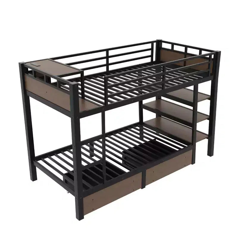 Letto a Castello in Metallo Nero e Marrone con Luce LED, Presa Elettrica e Cassetto Contenitore – 2 Posti