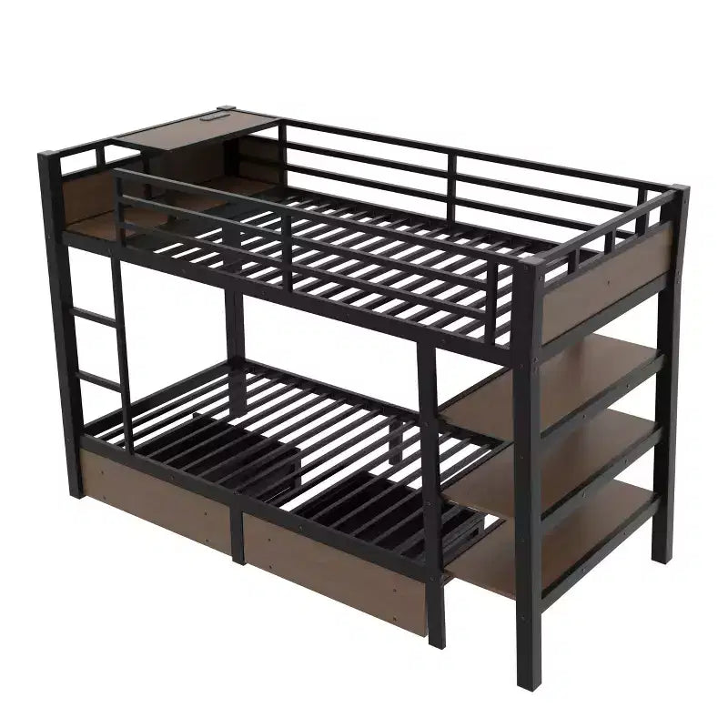 Letto a Castello in Metallo Nero e Marrone con Luce LED, Presa Elettrica e Cassetto Contenitore – 2 Posti