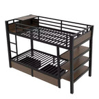 Letto a Castello in Metallo Nero e Marrone con Luce LED, Presa Elettrica e Cassetto Contenitore – 2 Posti
