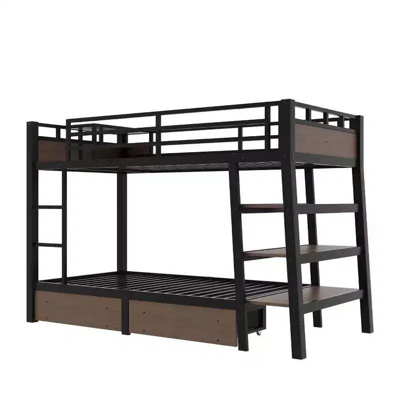 Letto a Castello in Metallo Nero e Marrone con Luce LED, Presa Elettrica e Cassetto Contenitore – 2 Posti