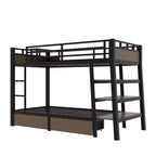 Letto a Castello in Metallo Nero e Marrone con Luce LED, Presa Elettrica e Cassetto Contenitore – 2 Posti