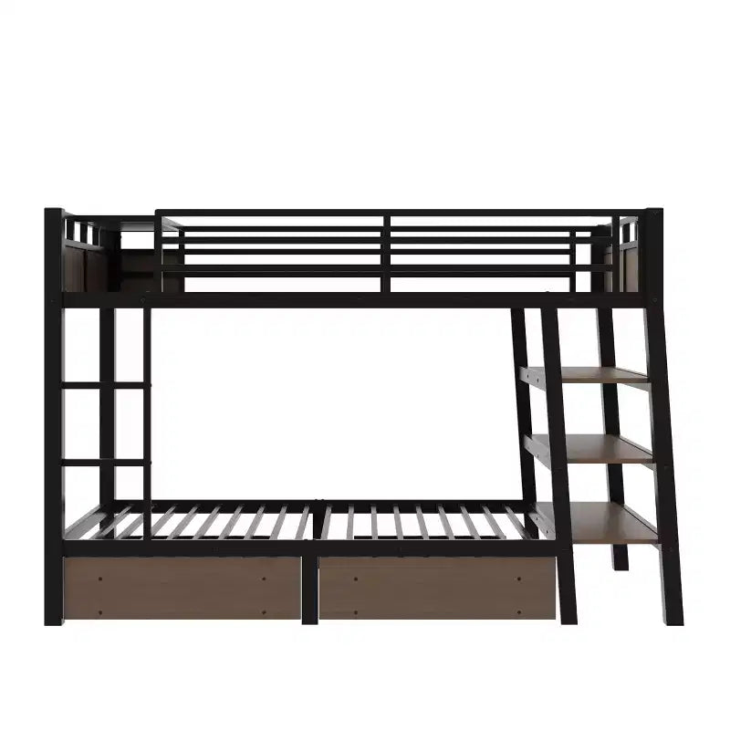 Letto a Castello in Metallo Nero e Marrone con Luce LED, Presa Elettrica e Cassetto Contenitore – 2 Posti