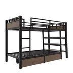 Letto a Castello in Metallo Nero e Marrone con Luce LED, Presa Elettrica e Cassetto Contenitore – 2 Posti