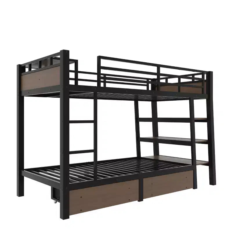 Letto a Castello in Metallo Nero e Marrone con Luce LED, Presa Elettrica e Cassetto Contenitore – 2 Posti