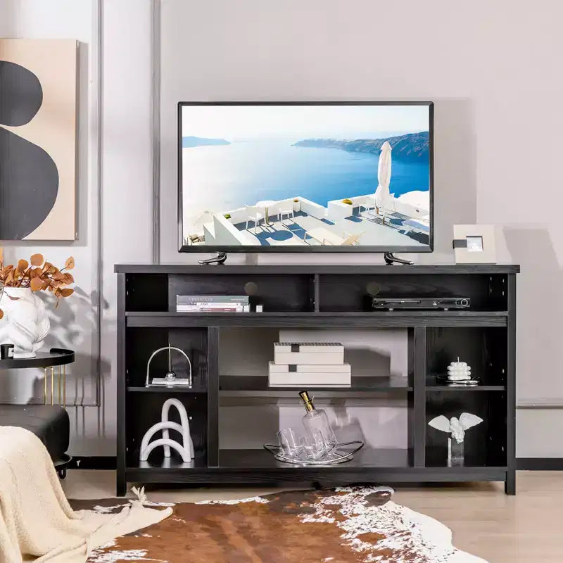 Mobile TV nero con inserto per caminetto elettrico, adatto per TV fino a 65", ambiente per 1-2 persone