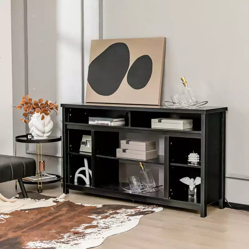 Mobile TV nero con inserto per caminetto elettrico, adatto per TV fino a 65", ambiente per 1-2 persone