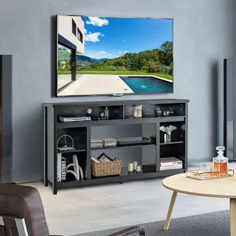 Mobile TV nero con inserto per caminetto elettrico, adatto per TV fino a 65", ambiente per 1-2 persone