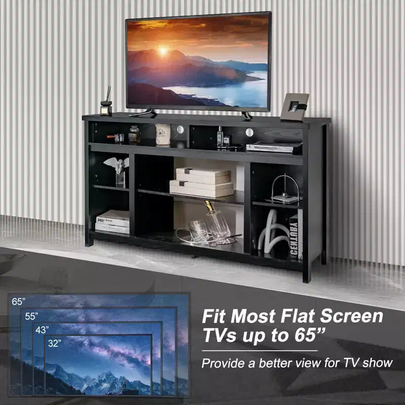 Mobile TV nero con inserto per caminetto elettrico, adatto per TV fino a 65", ambiente per 1-2 persone