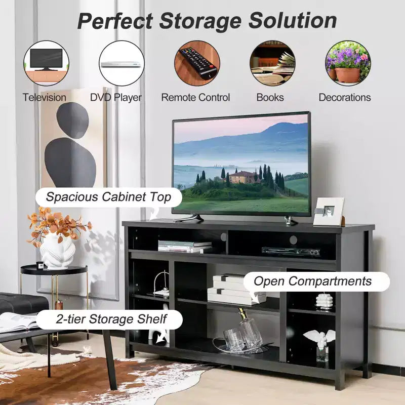 Mobile TV nero con inserto per caminetto elettrico, adatto per TV fino a 65", ambiente per 1-2 persone