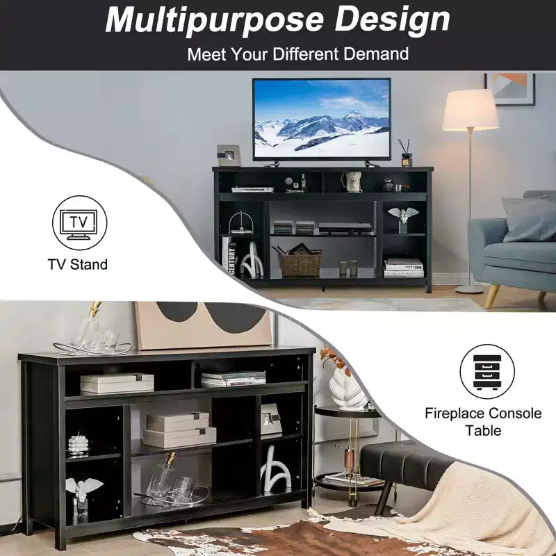 Mobile TV nero con inserto per caminetto elettrico, adatto per TV fino a 65", ambiente per 1-2 persone