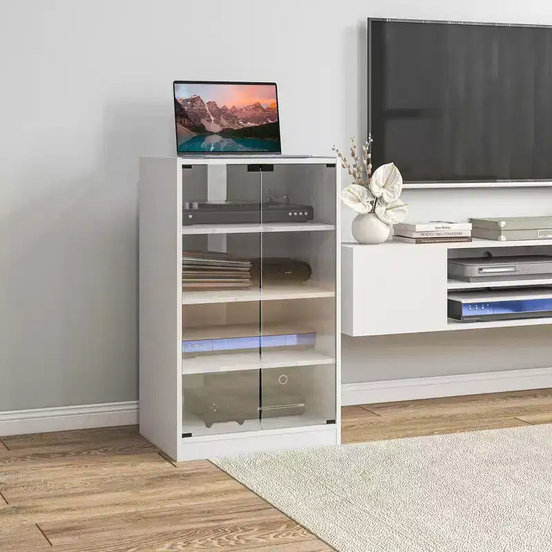 Mobile porta TV a 4 ripiani con ante in vetro temperato, nero anticato / bianco anticato
