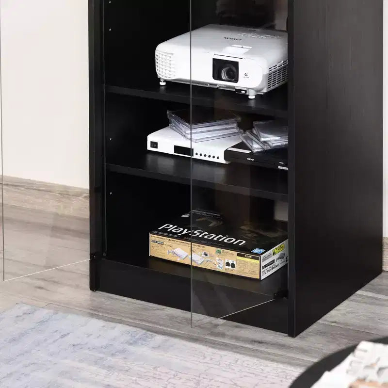 Mobile porta TV a 4 ripiani con ante in vetro temperato, nero anticato / bianco anticato