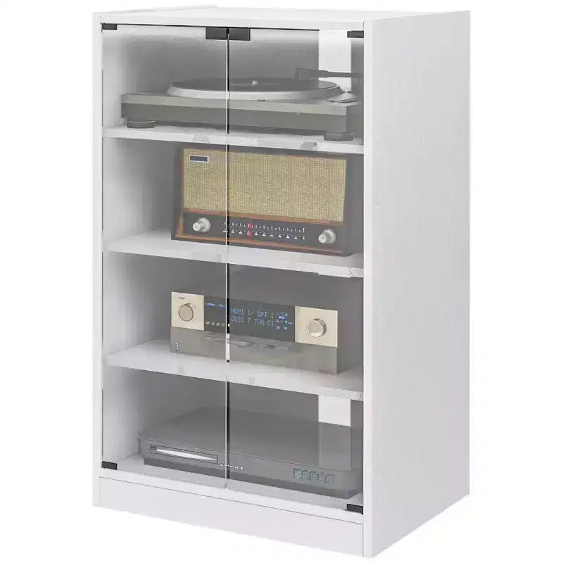 Mobile porta TV a 4 ripiani con ante in vetro temperato, nero anticato / bianco anticato